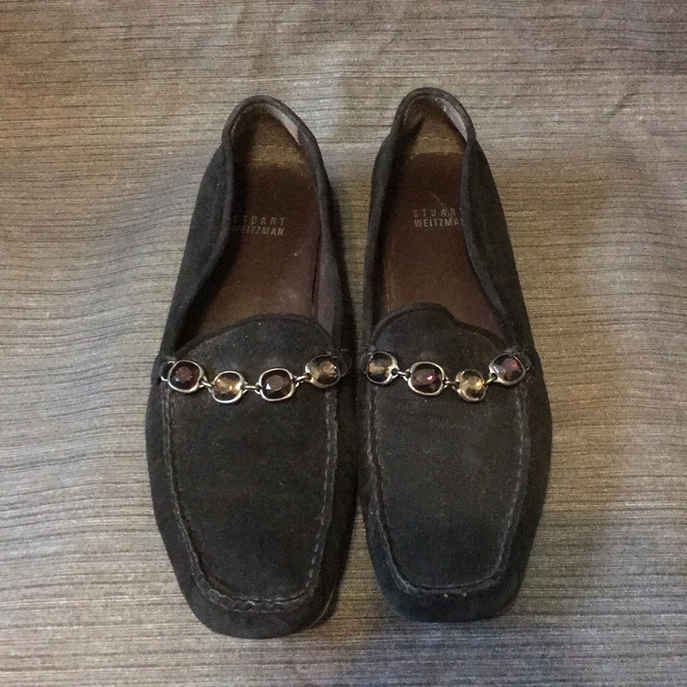 Stuart Weitzman Black Suede Leather Jeweled Flats